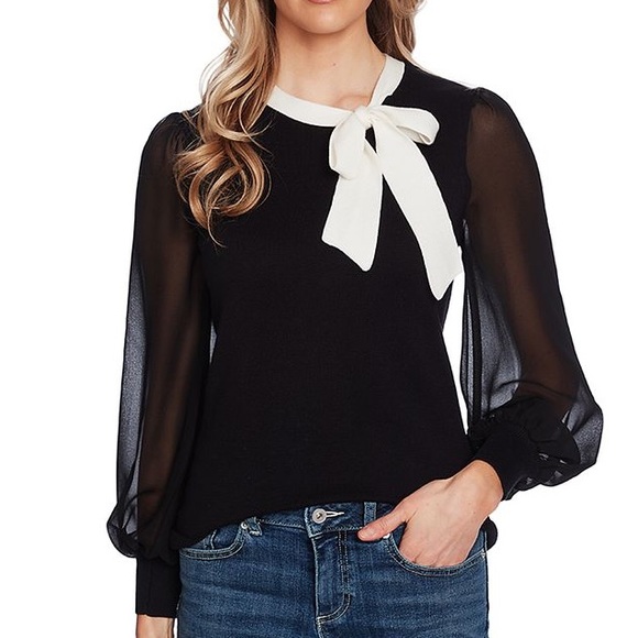 CeCe Sweaters - CeCe Long Sleeve Mixed Media Sweater